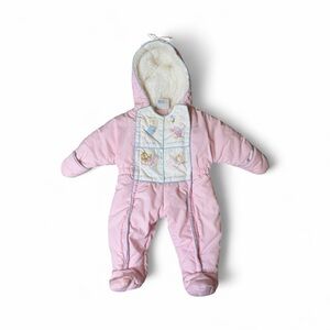 Quiltex Beatrix Potter Vintage Baby Snowsuit Pink Fleece Lined Hood 6 Months